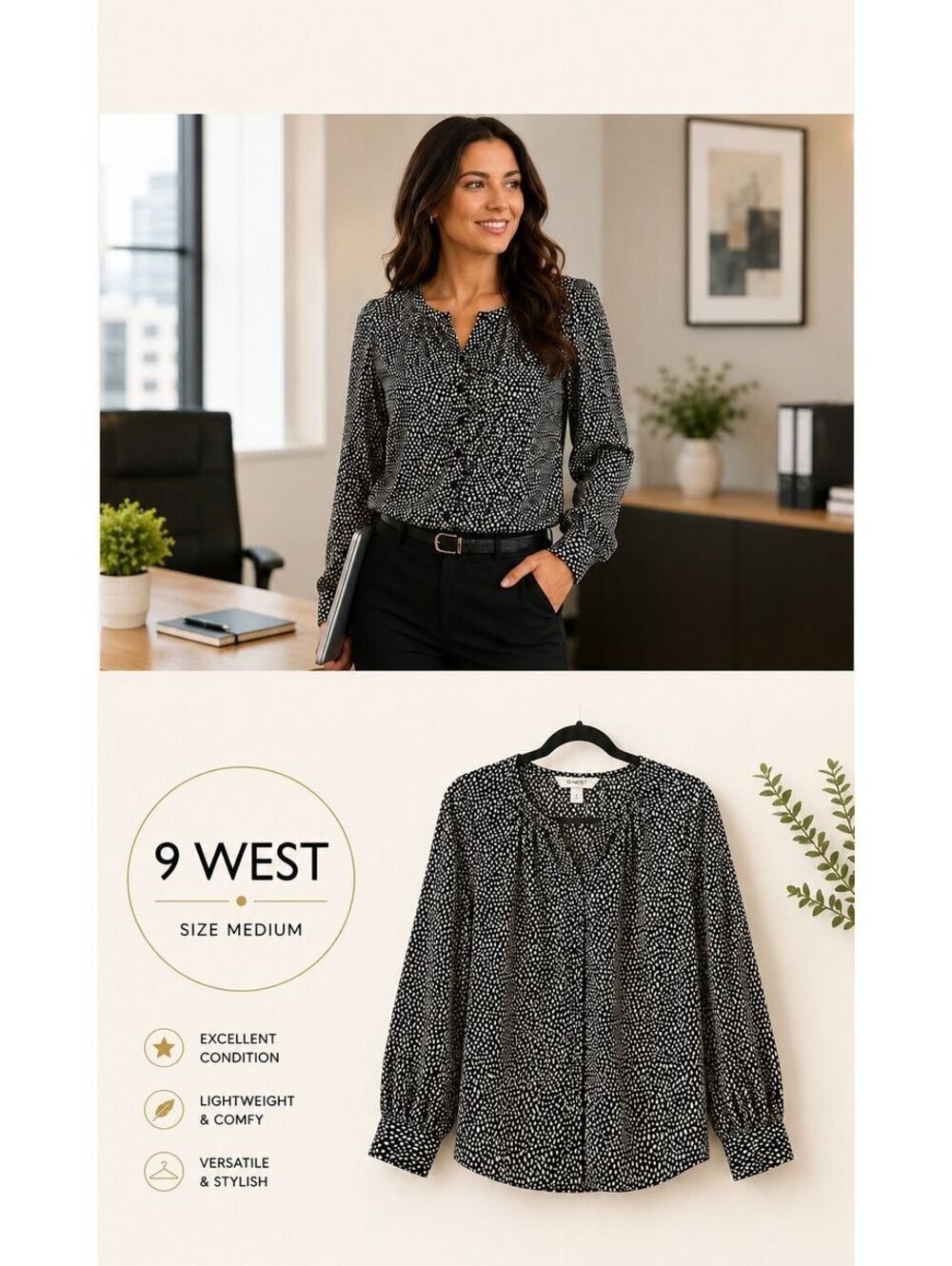 Nine West | M | Black White Print Long Sleeve Blouse
